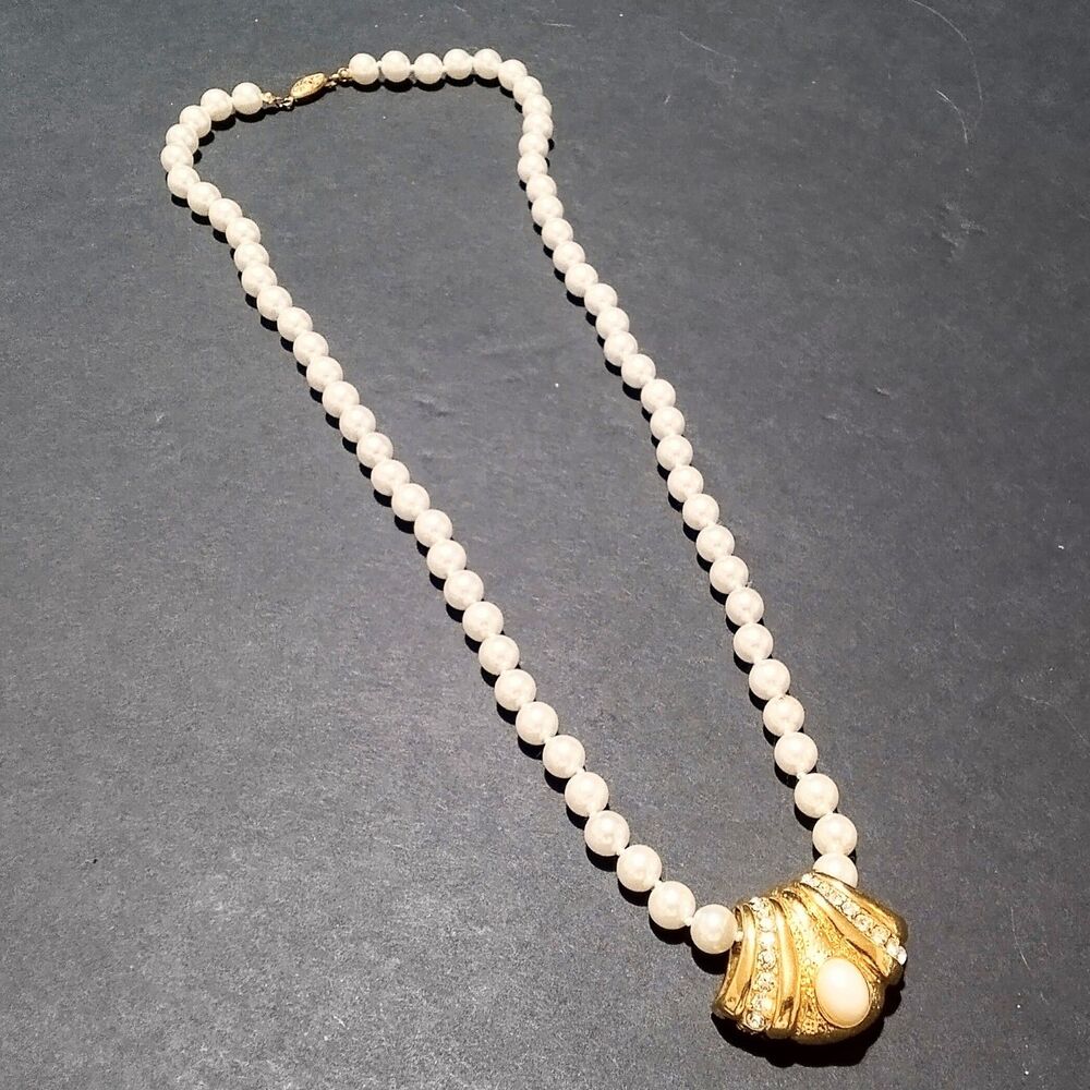 Vintage 24" Hand Knotted Faux Pearl Necklace Gold Tone Slide Enhancer - Picture 4 of 6